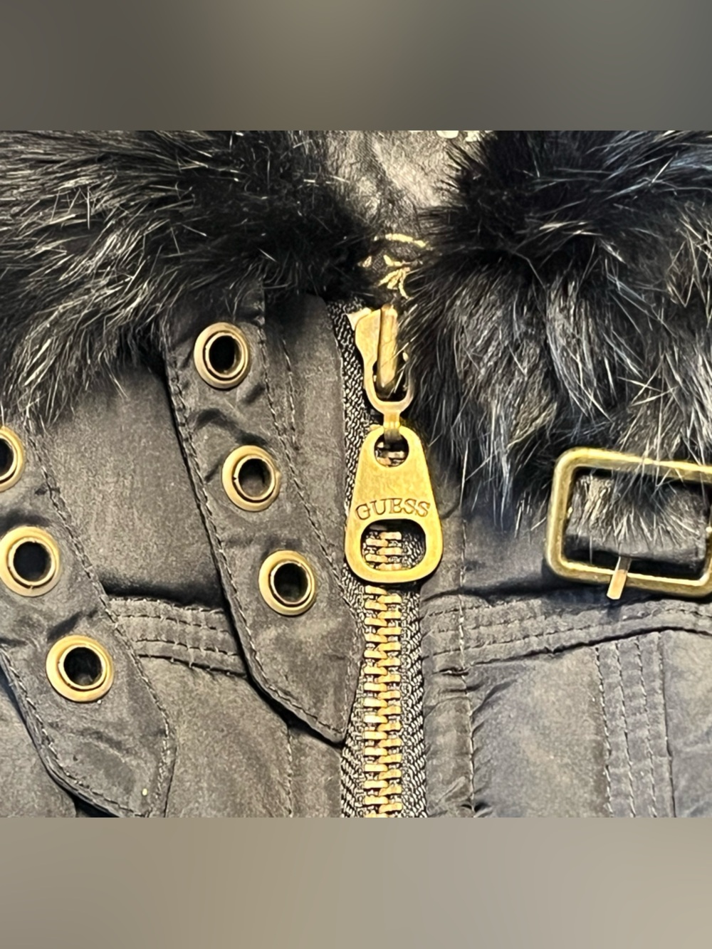 ‼️SALE‼️ GUESS Y2K Black Down Puffer Vest Rabbit Fur Trim Hooded size: xs - Picture 5 of 12